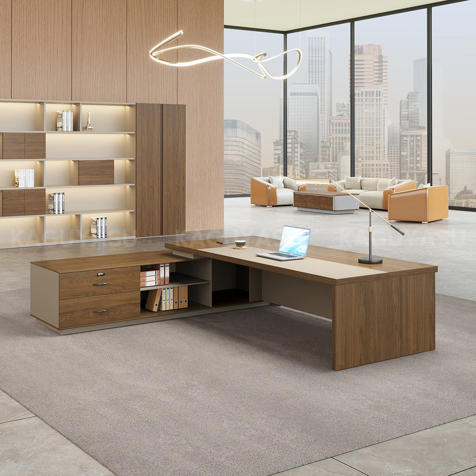 Elegant and Minimalist L-Shaped Executive Desk with Thick Desktop and Spacious Side Cabinet LBZ-2142